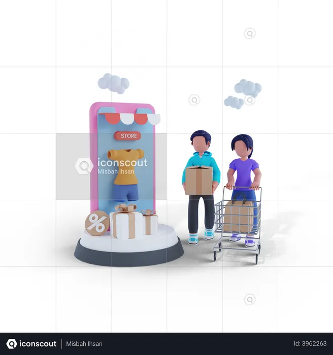 Man and woman shopping from mobile application  3D Illustration