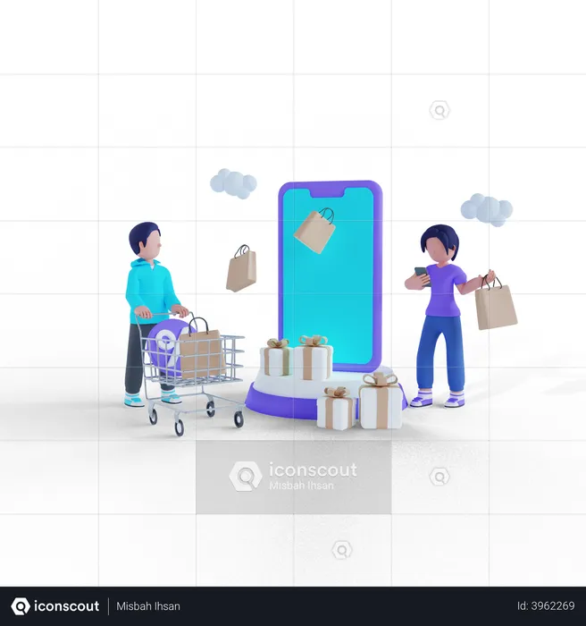 Man and woman shopping on sale day  3D Illustration