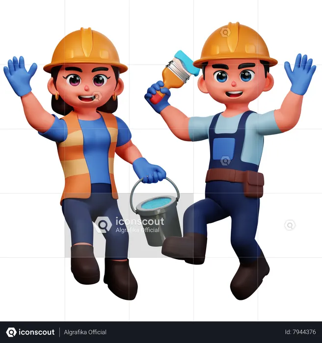 Man and woman with color brush and bucket  3D Illustration