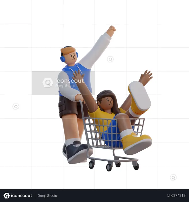 Man and woman with shopping cart  3D Illustration