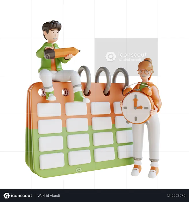 Man And Women With Calendar Clock And Making Schedule  3D Illustration