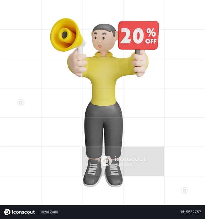 Man Announcing About 20 Percentage Off  3D Illustration
