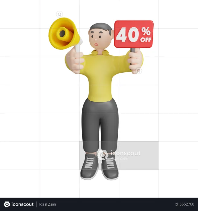 Man Announcing About 40 Percentage Off  3D Illustration