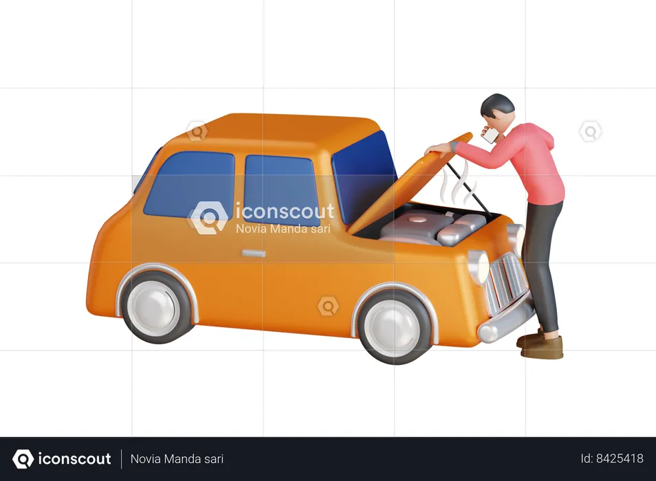 Man Calling For Assistance With His Car Broken Down By Roadside  3D Icon
