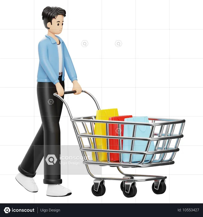 Man Carrying Bags In Cart  3D Illustration