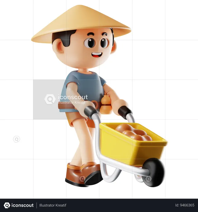 Man Carrying Soil With Wheelbarrow  3D Icon