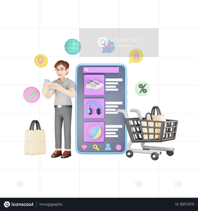 Man choosing products on shopping app  3D Illustration