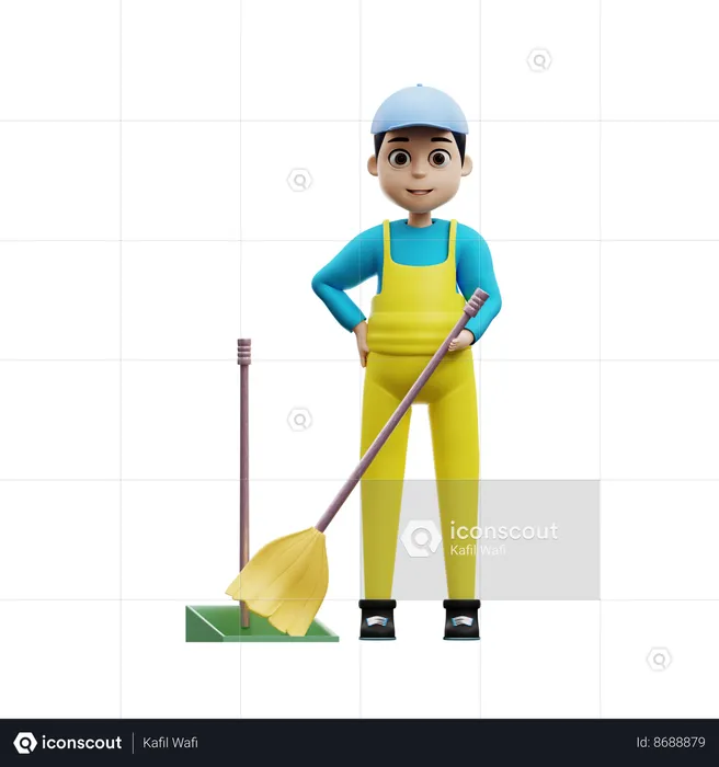 Man Cleaning Using Broom Stick  3D Illustration