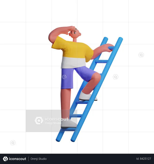 Man Climbing On Stairs And Looking For Something  3D Illustration