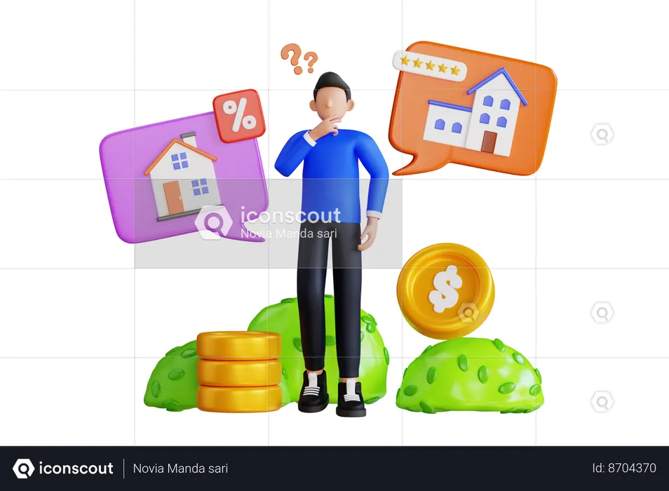 Man Confused About Choosing House  3D Illustration