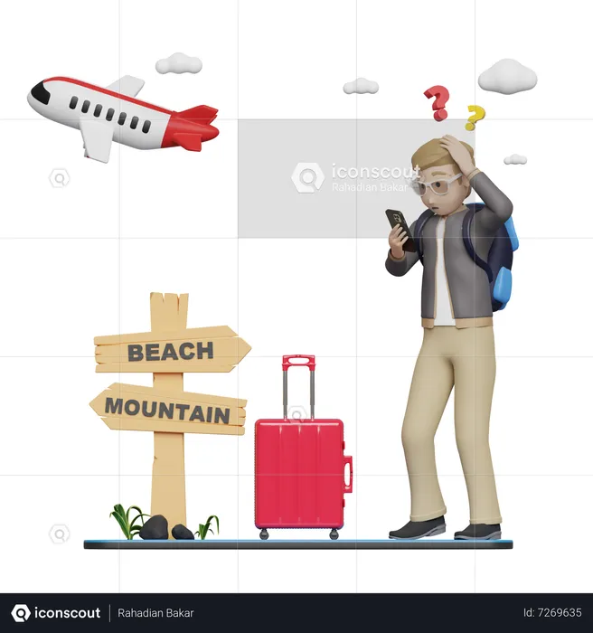 Man confused while finding travel location  3D Illustration