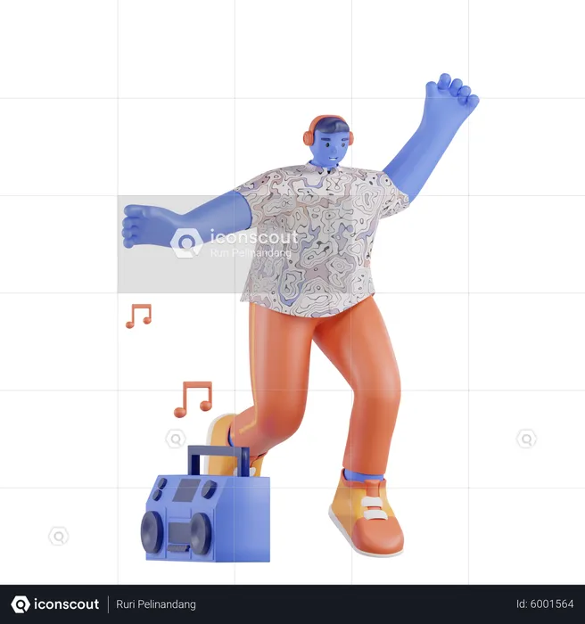 Man dancing to music from the radio  3D Illustration