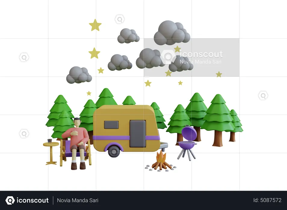 Man doing camping into the wild  3D Illustration