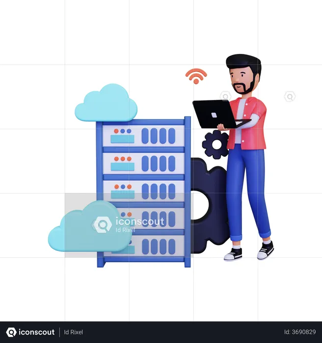 Man doing Cloud hosting with using laptop  3D Illustration
