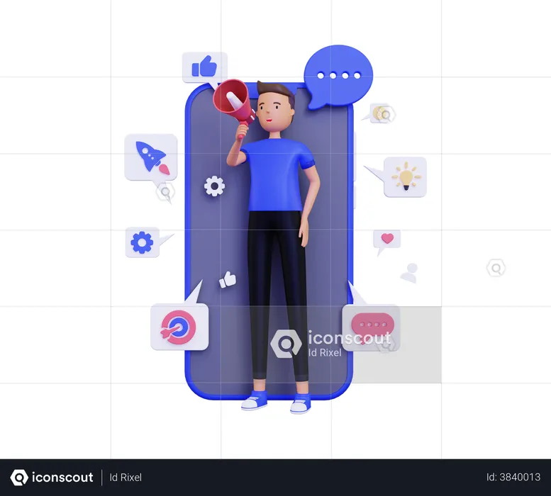 Man doing on Mobile marketing with holding megaphone  3D Illustration