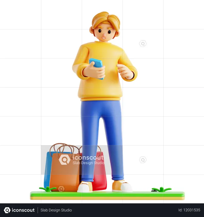 Man Doing Online Shopping Using Mobile  3D Icon