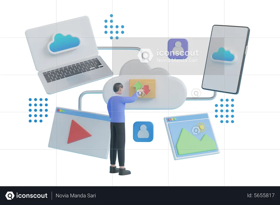 Man Doing online upload and download data on Cloud storage  3D Illustration