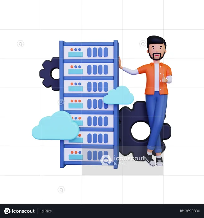 Man doing server cloud hosting  3D Illustration