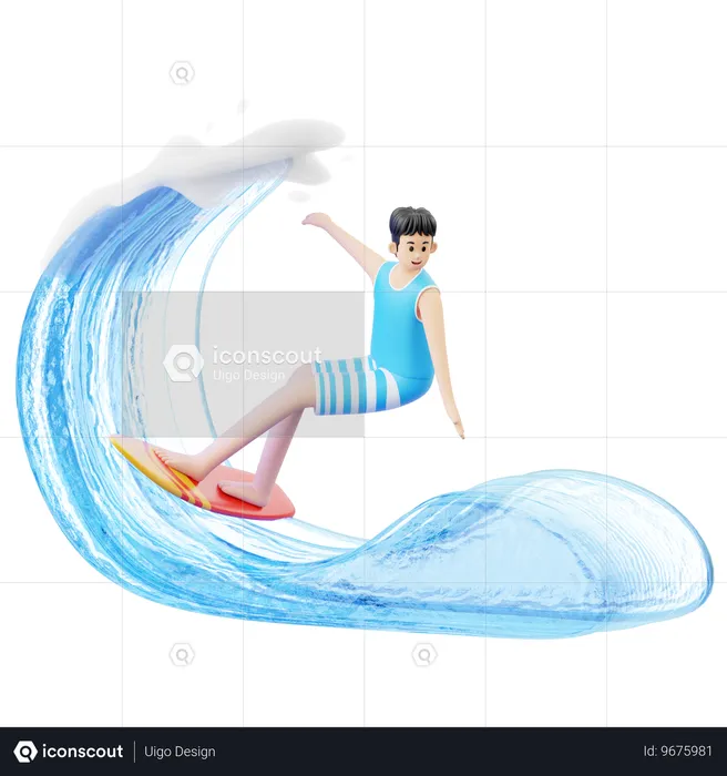 Man Doing Surfing At Beach Using Surfboard  3D Illustration