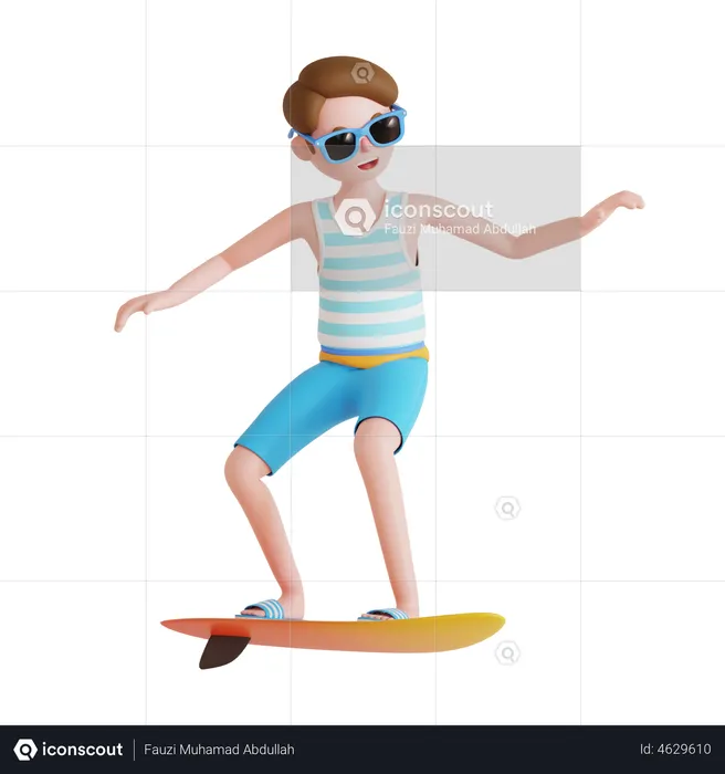 Man doing surfing at beach using surfboard  3D Illustration