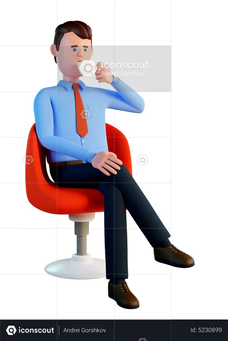 Man drinking coffee while sitting in a red office chair  3D Illustration