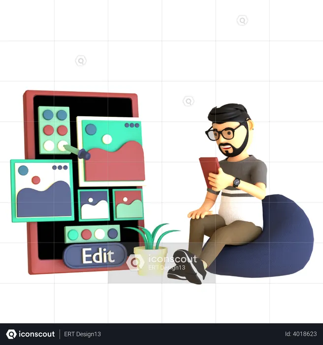 Man editing photo on mobile application  3D Illustration