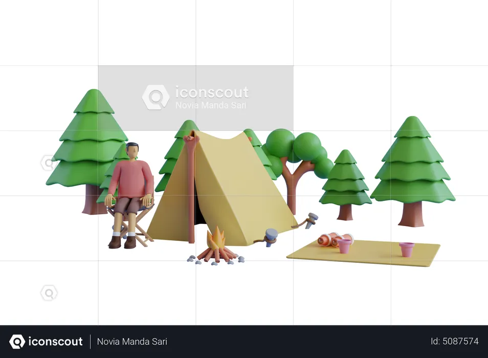 Man enjoying camping in forest  3D Illustration
