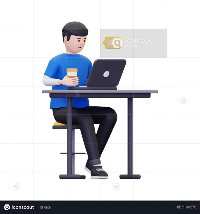 Man enjoying coffee while working on laptop  3D Illustration