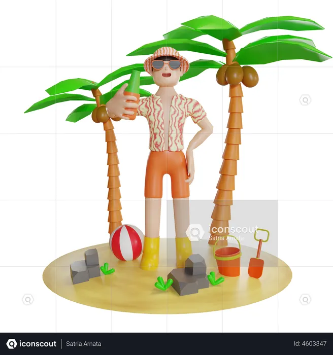 Man Enjoying On Island  3D Illustration