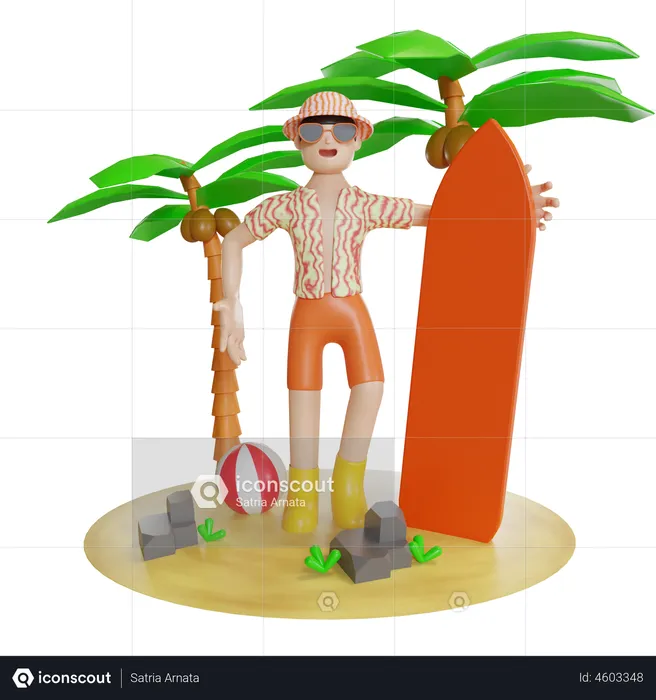 Man Enjoying On Island With holding surfboard  3D Illustration