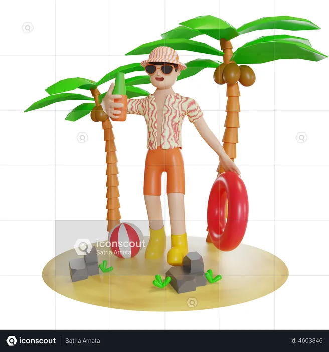 Man Enjoying On Island With holding swimming tube  3D Illustration