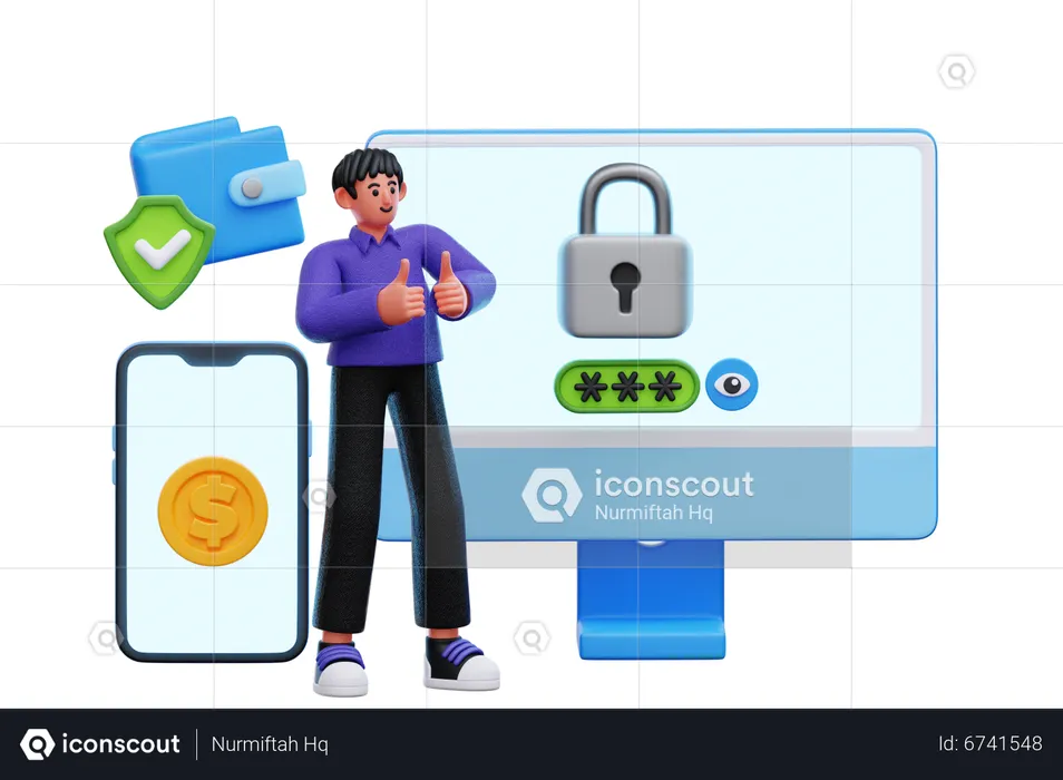 Man feel secure after online security  3D Illustration