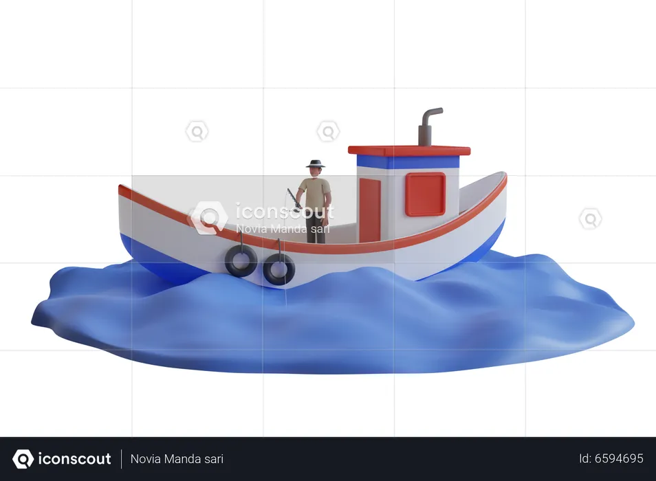 Man fishing on the boat  3D Illustration