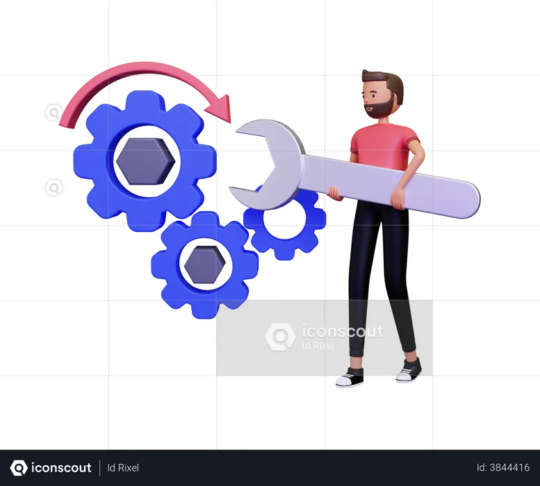 Man fixing issue with gear  3D Illustration