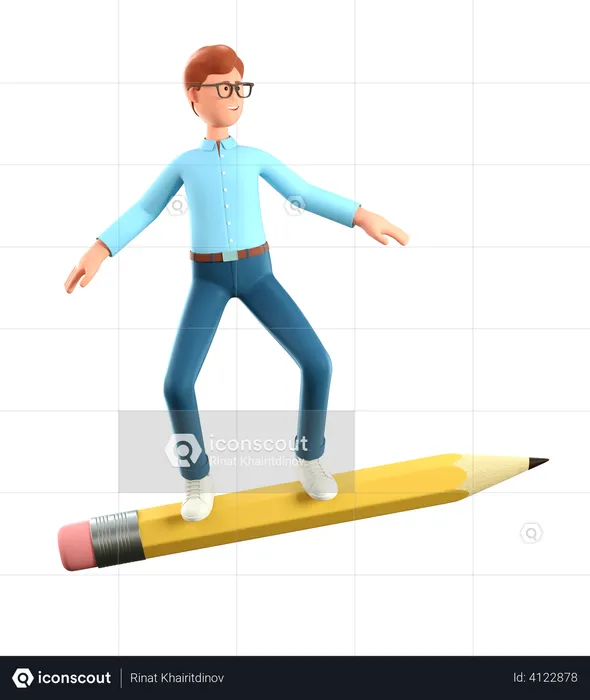 Man flying on a big pencil like skateboarder  3D Illustration