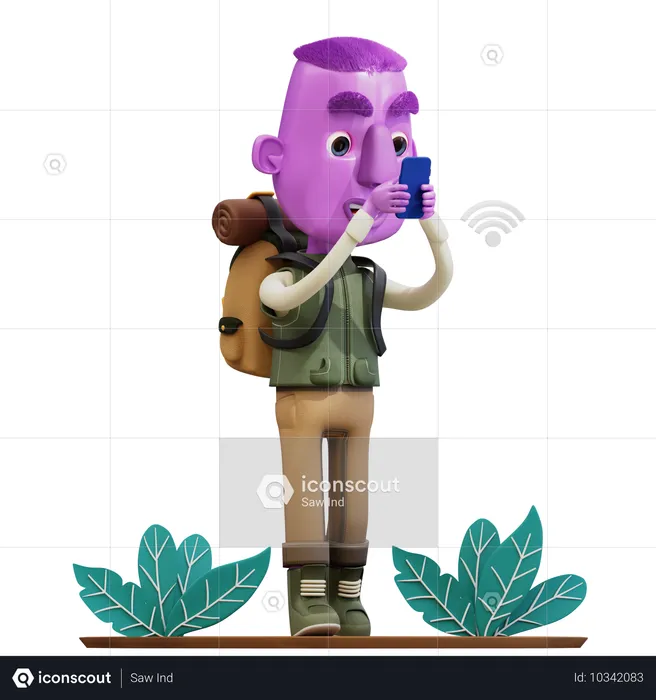 Man Gets mobile signal in the Forest  3D Illustration