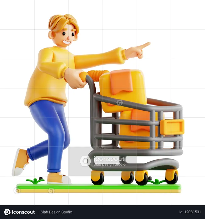 Man Go To Shopping With Shopping Cart  3D Icon