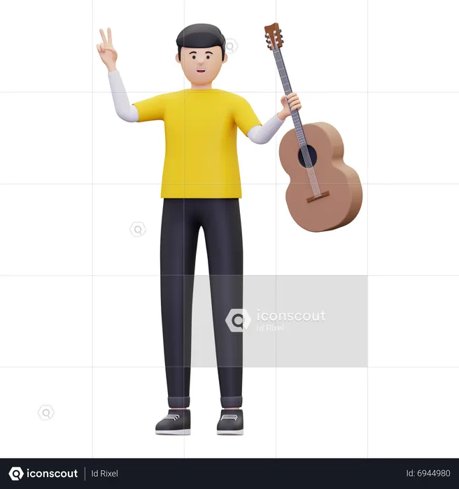 Man Holding A Guitar  3D Illustration