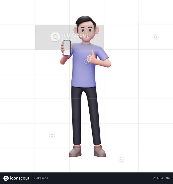 Man holding and recommending something on the phone screen with a thumbs up  3D Illustration