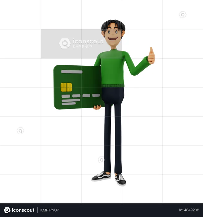 Man holding bank card while showing thumbs up  3D Illustration