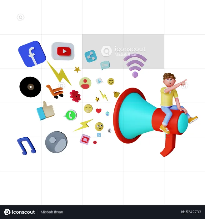 Man holding big megaphone doing social media marketing  3D Illustration