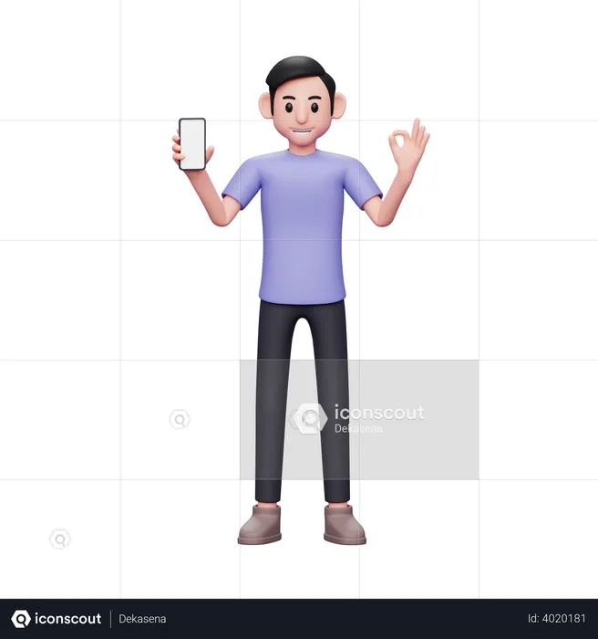 Man holding blank screen mobile phone and showing ok finger  3D Illustration