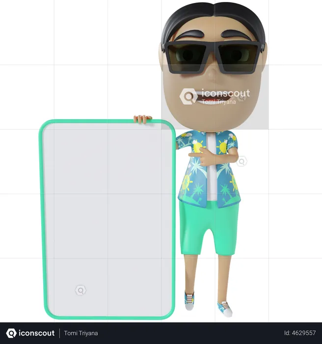 Man holding blank space board on beach  3D Illustration
