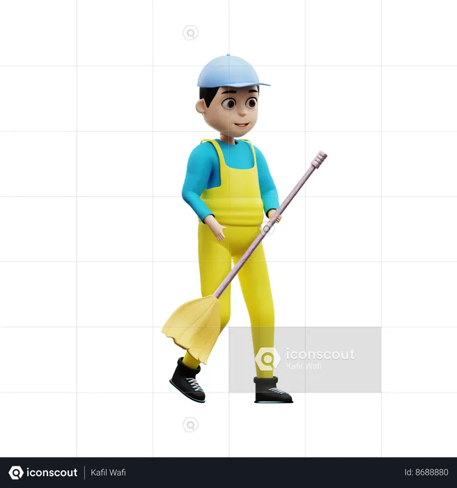 Man Holding Broom Stick  3D Illustration