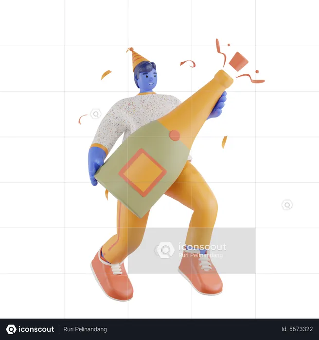 Man Holding Champagne Bottle  3D Illustration