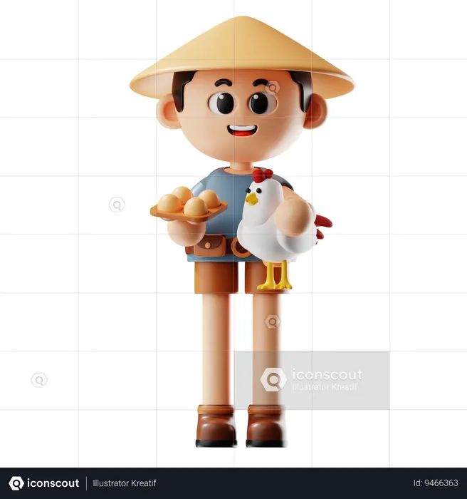 Man Holding Chicken And A Basket Of Eggs  3D Illustration