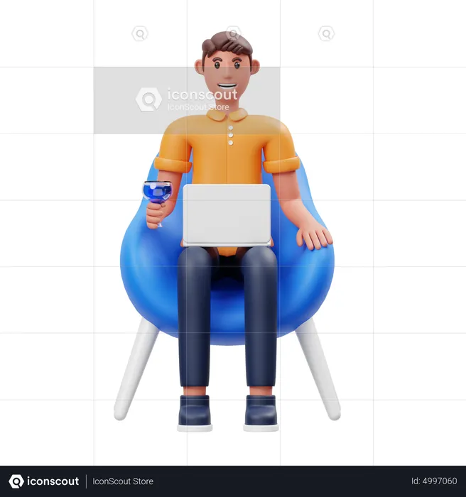 Man holding drink while working on laptop  3D Illustration