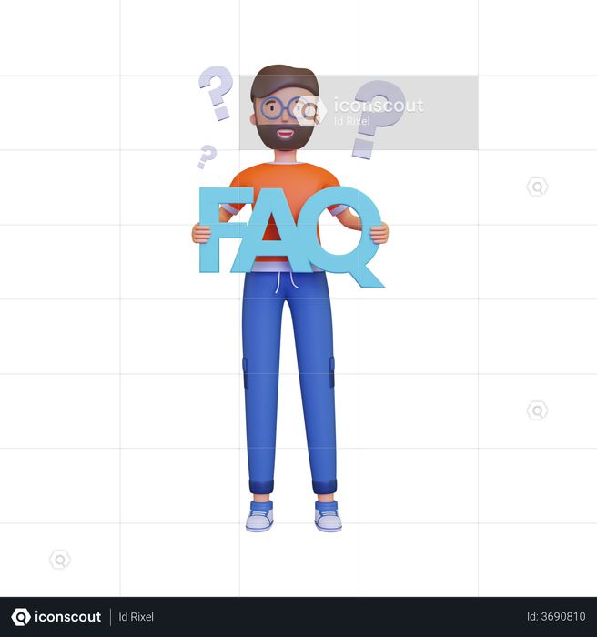 Man holding FAQ banner 3D Illustration