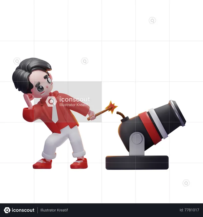 Man Holding Flame With Cannon  3D Illustration