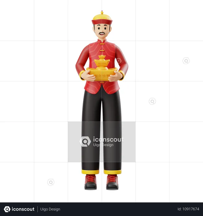 Man Holding Gold Ingot  3D Illustration